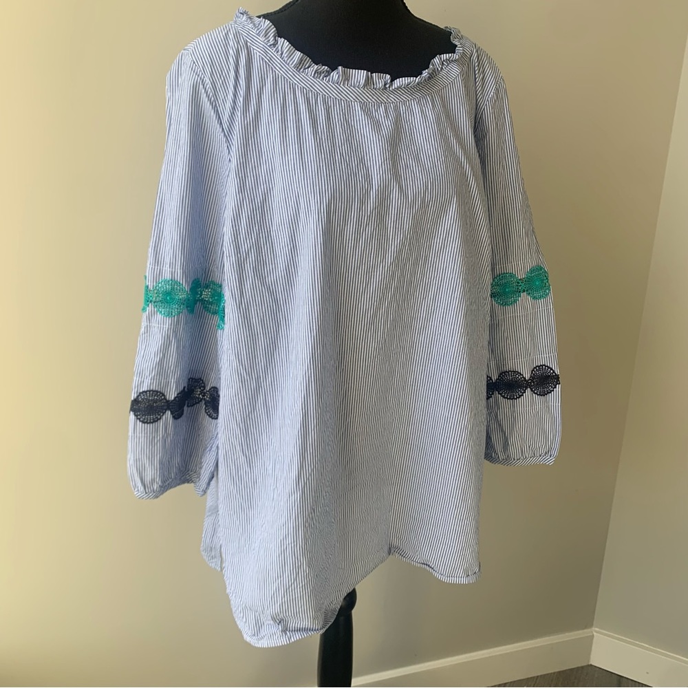 Talbots Blue and White Striped Blouse with Green and Navy Embroidered Trim